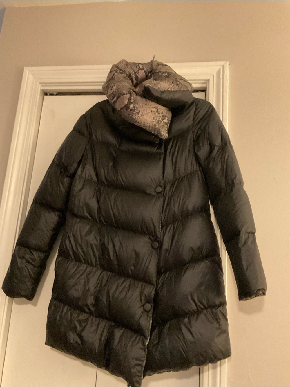 Diane Von Furstenberg Black Puffer Coat with Snake-Print Collar